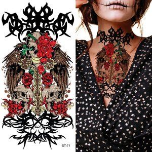 Supperb Halloween Tattoo - Day of the Dead Sugar Skull with roses (Set of 2)